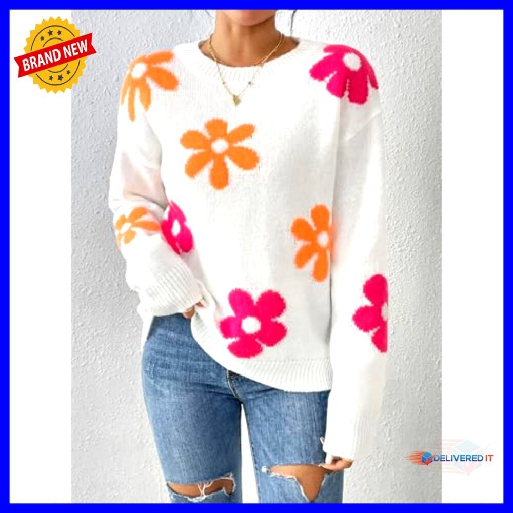 Oversized Floral Crewneck Sweater Vintage Y2K Pullover Long Sleeve - Picture 2 of 7